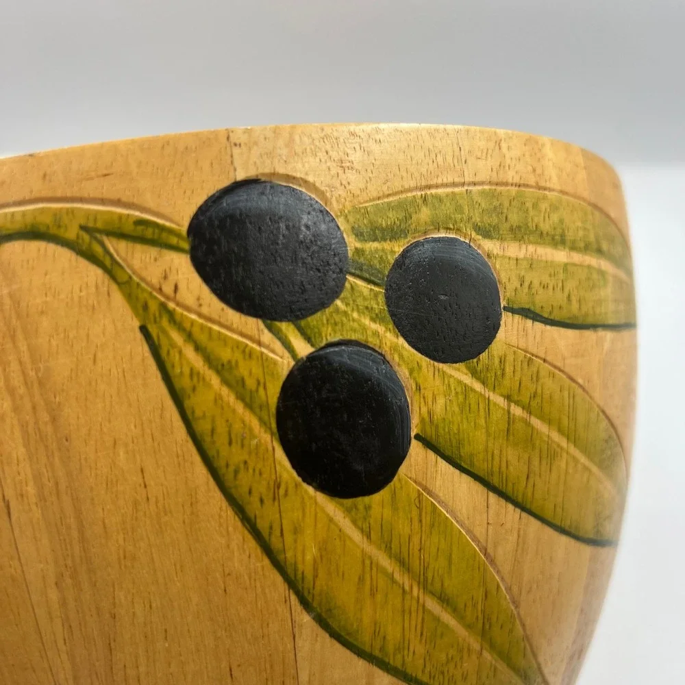 Vintage 2002 Clay Art Handmade Thai Wood Bowl Painted Olive Branch 10 Inch